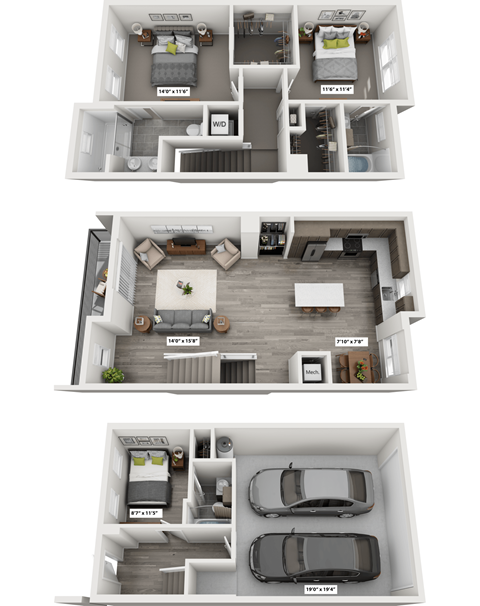 Floor plan for 3 beds, 3 baths, 1640 sqft